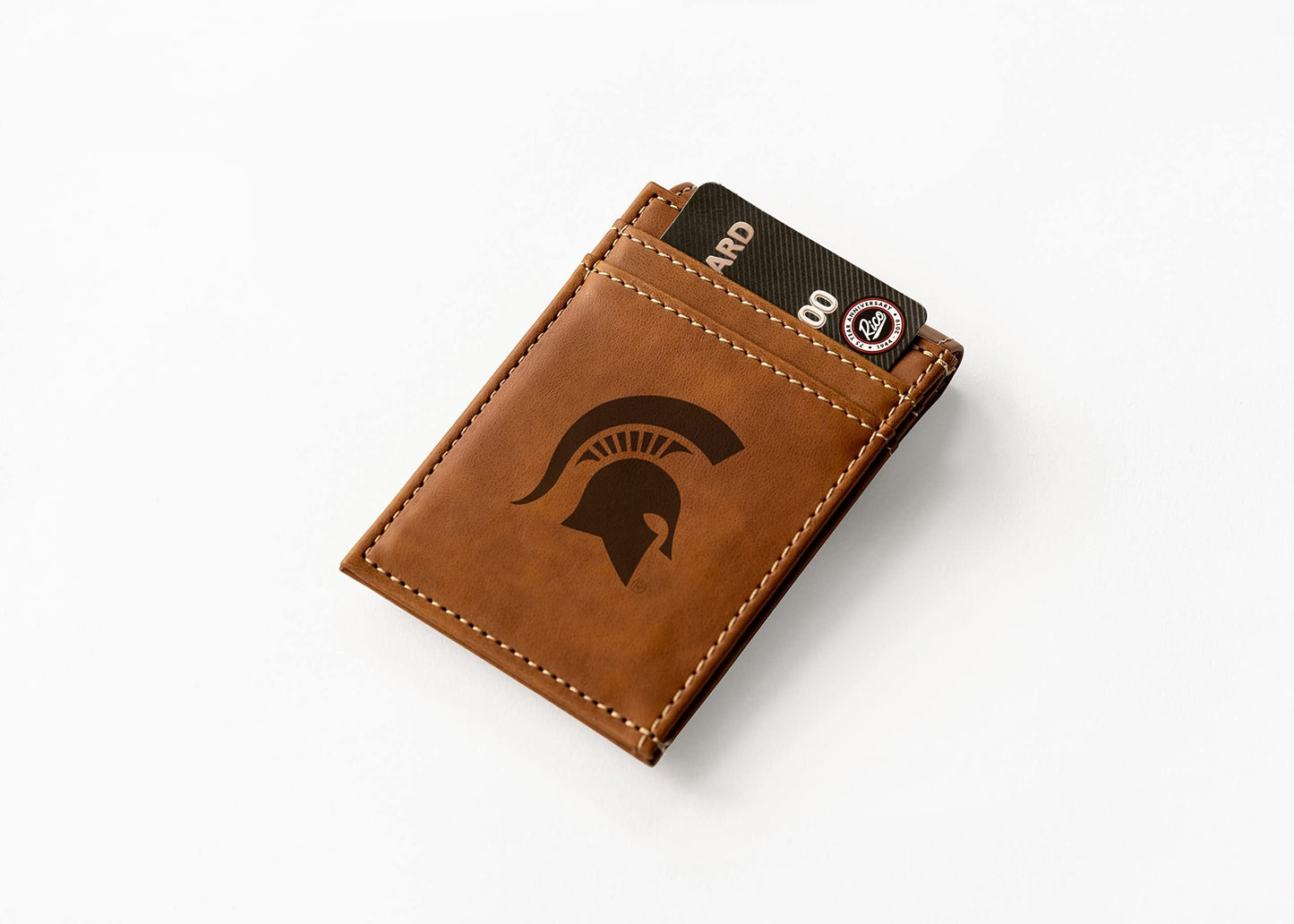 Michigan State University Spartans Premium Brown Leather Wallet, Front Pocket Magnetic Money Clip, Laser Engraved, Vegan