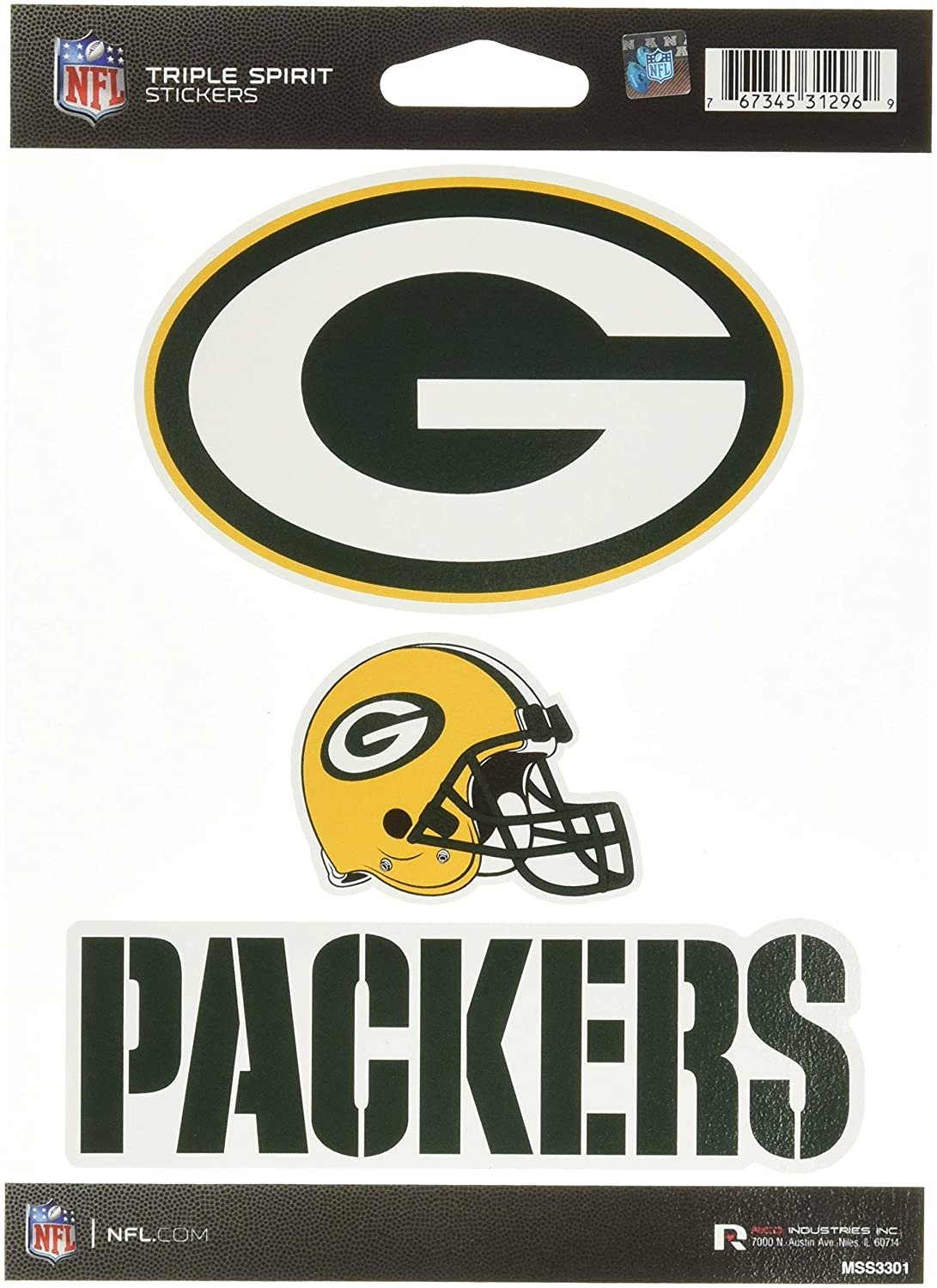 Green Bay Packers Die Cut 3-Piece Triple Spirit Sticker Sheet, 5x7 Inch