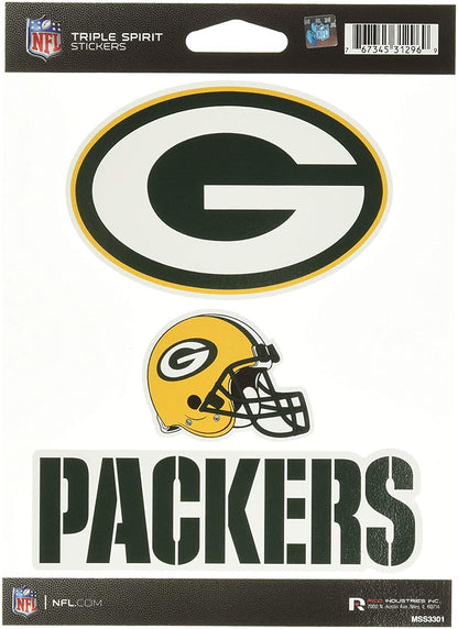 Green Bay Packers Die Cut 3-Piece Triple Spirit Sticker Sheet, 5x7 Inch