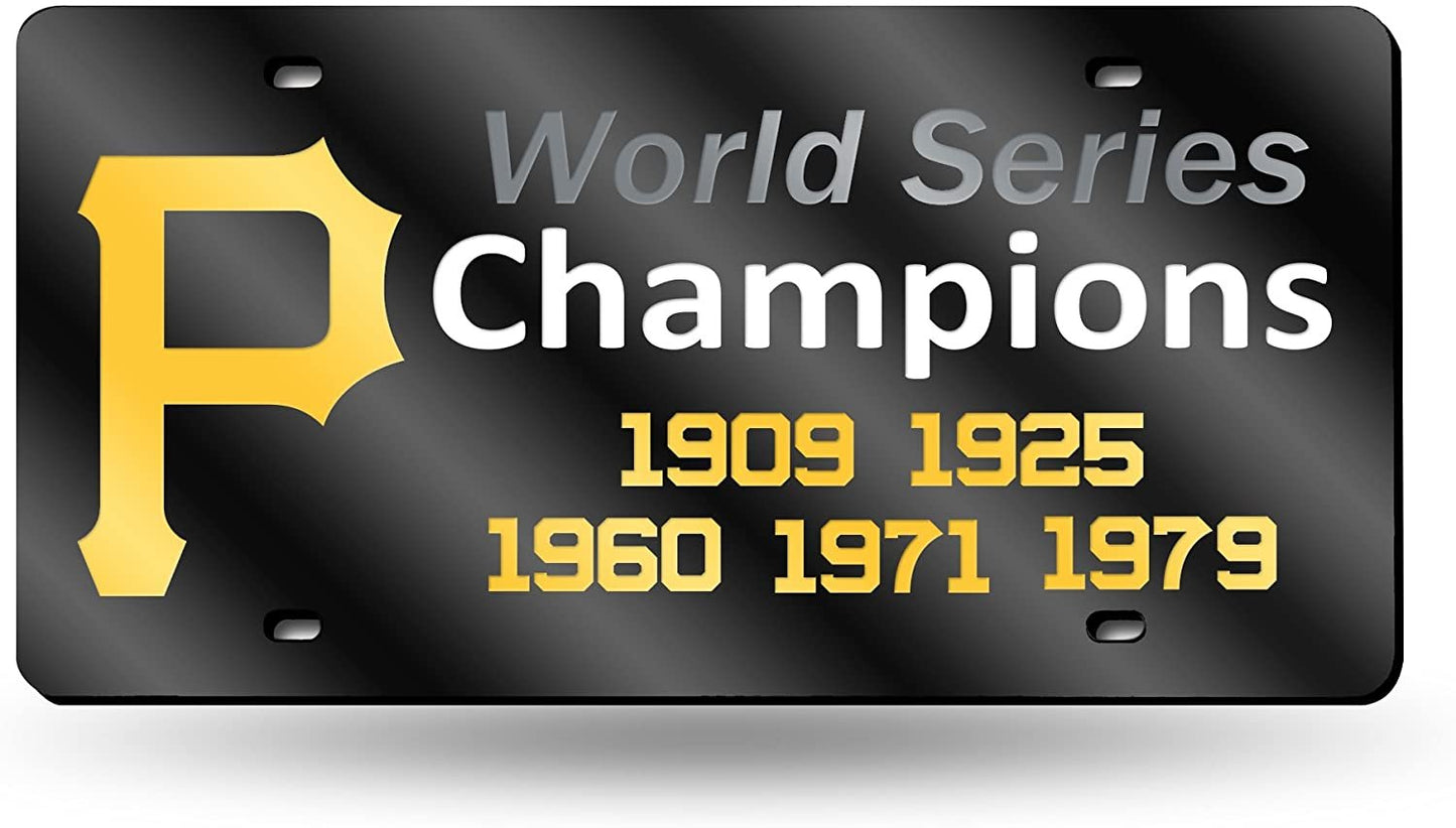 Pittsburgh Pirates 5 Time World Series Champions Premium Laser Cut Tag License Plate, Mirrored Acrylic Inlaid, 6x12 Inch