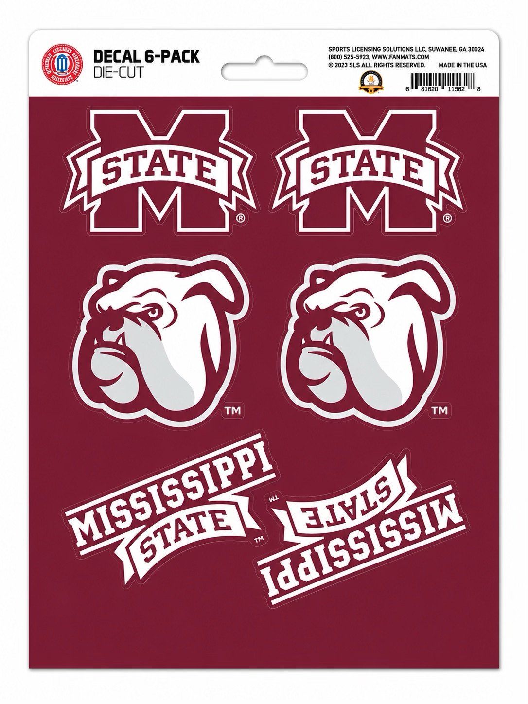 Mississippi State University Bulldogs 6-Piece Decal Sticker Set, 5x6 Inch Sheet, Gift for football fans for any hard surfaces around home, automotive, personal items