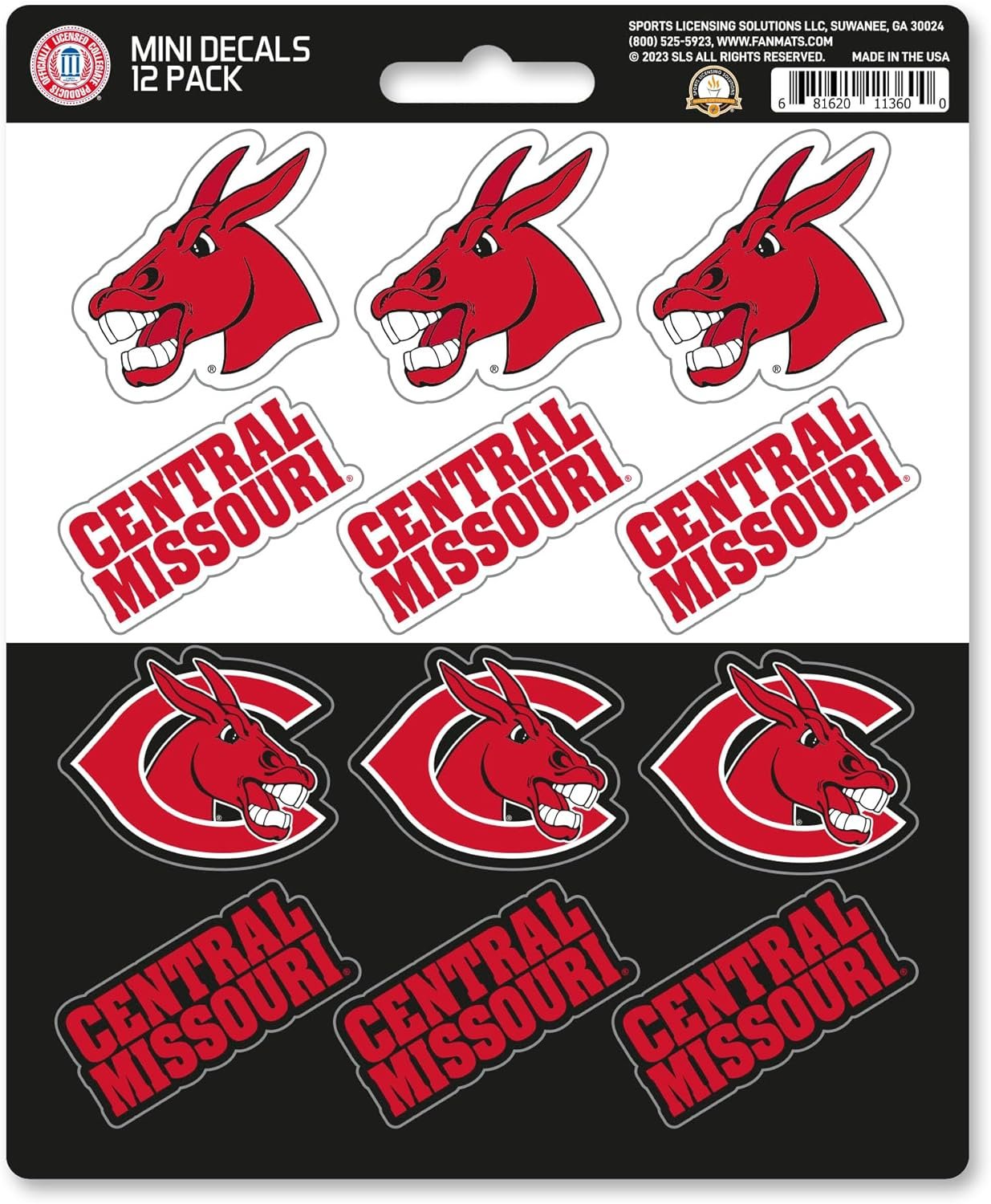 University of Central Missouri Mules 12-Piece Mini Decal Sticker Set, 5x6 Inch Sheet, Gift for football fans for any hard surfaces around home, automotive, personal items