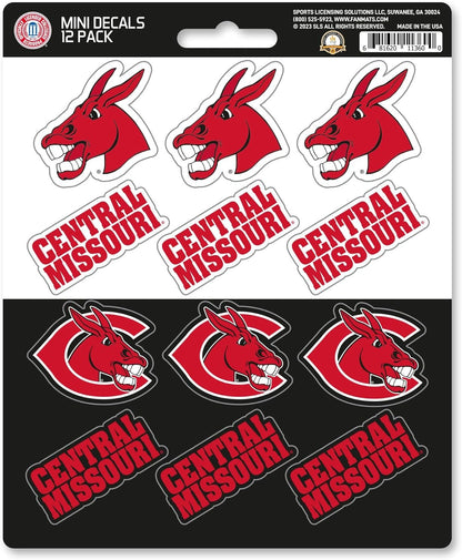 University of Central Missouri Mules 12-Piece Mini Decal Sticker Set, 5x6 Inch Sheet, Gift for football fans for any hard surfaces around home, automotive, personal items