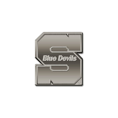 University of Wisconsin Stout Blue Devils Solid Metal Auto Emblem, Antique Nickel Finish, Raised, Die Cut, 3.5 Inch, Adhesive Tape Backing