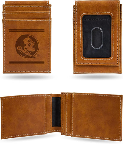 Florida State University Seminoles Premium Brown Leather Wallet, Front Pocket Magnetic Money Clip, Laser Engraved, Vegan