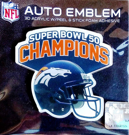 Denver Broncos Acrylic Auto Emblem, Super Bowl 50 Champions, Raised Decal, 3 Inch