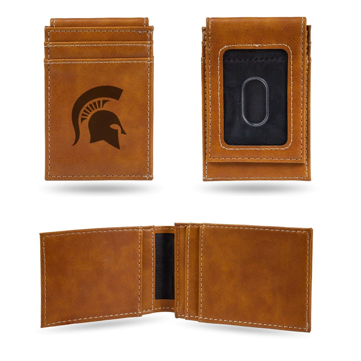 Michigan State University Spartans Premium Brown Leather Wallet, Front Pocket Magnetic Money Clip, Laser Engraved, Vegan