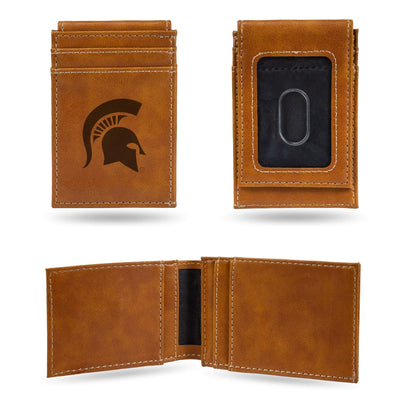 Michigan State University Spartans Premium Brown Leather Wallet, Front Pocket Magnetic Money Clip, Laser Engraved, Vegan