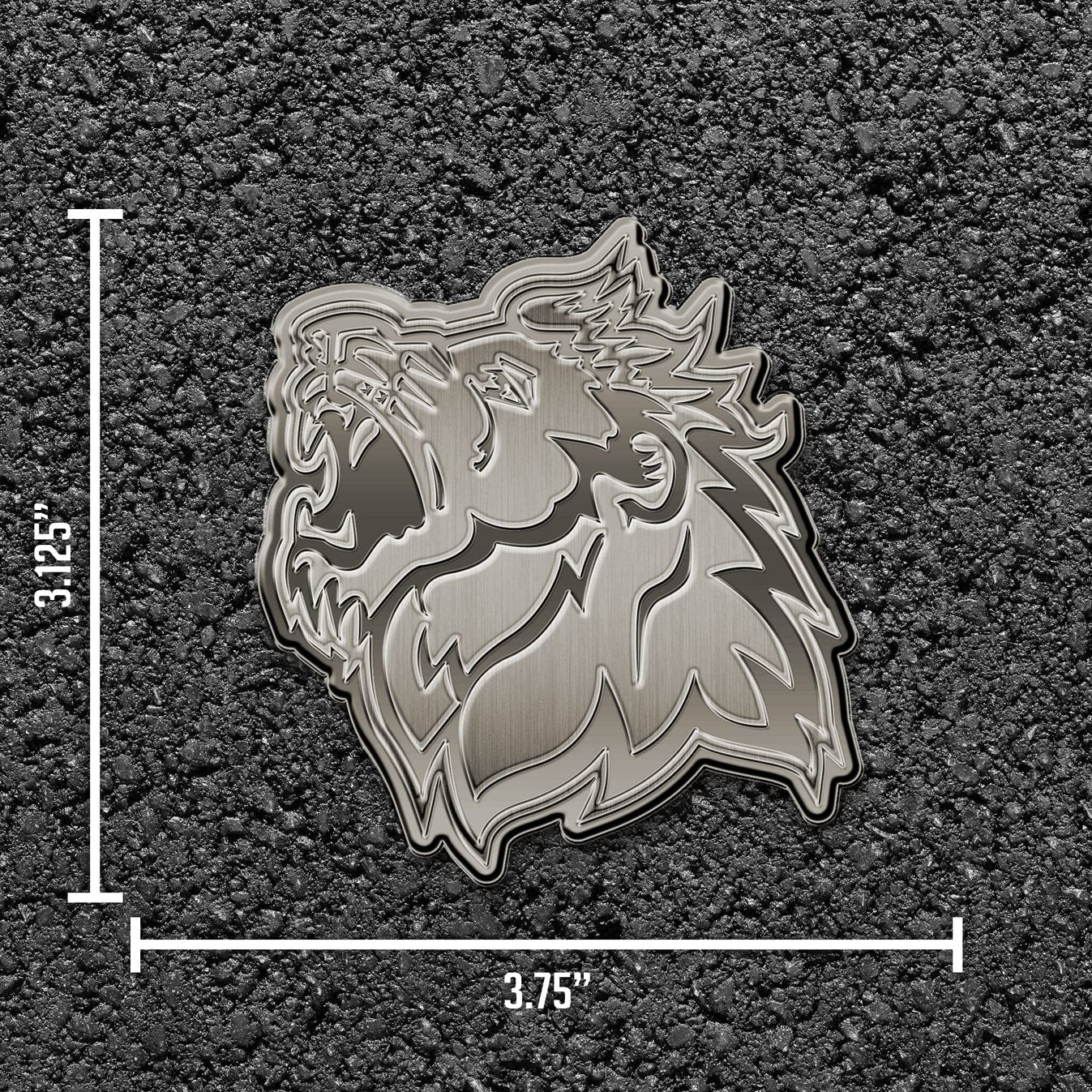 Missouri Southern State University Lions Solid Metal Auto Emblem, Antique Nickel Finish, Raised, Die Cut, 3.5 Inch, Adhesive Tape Backing