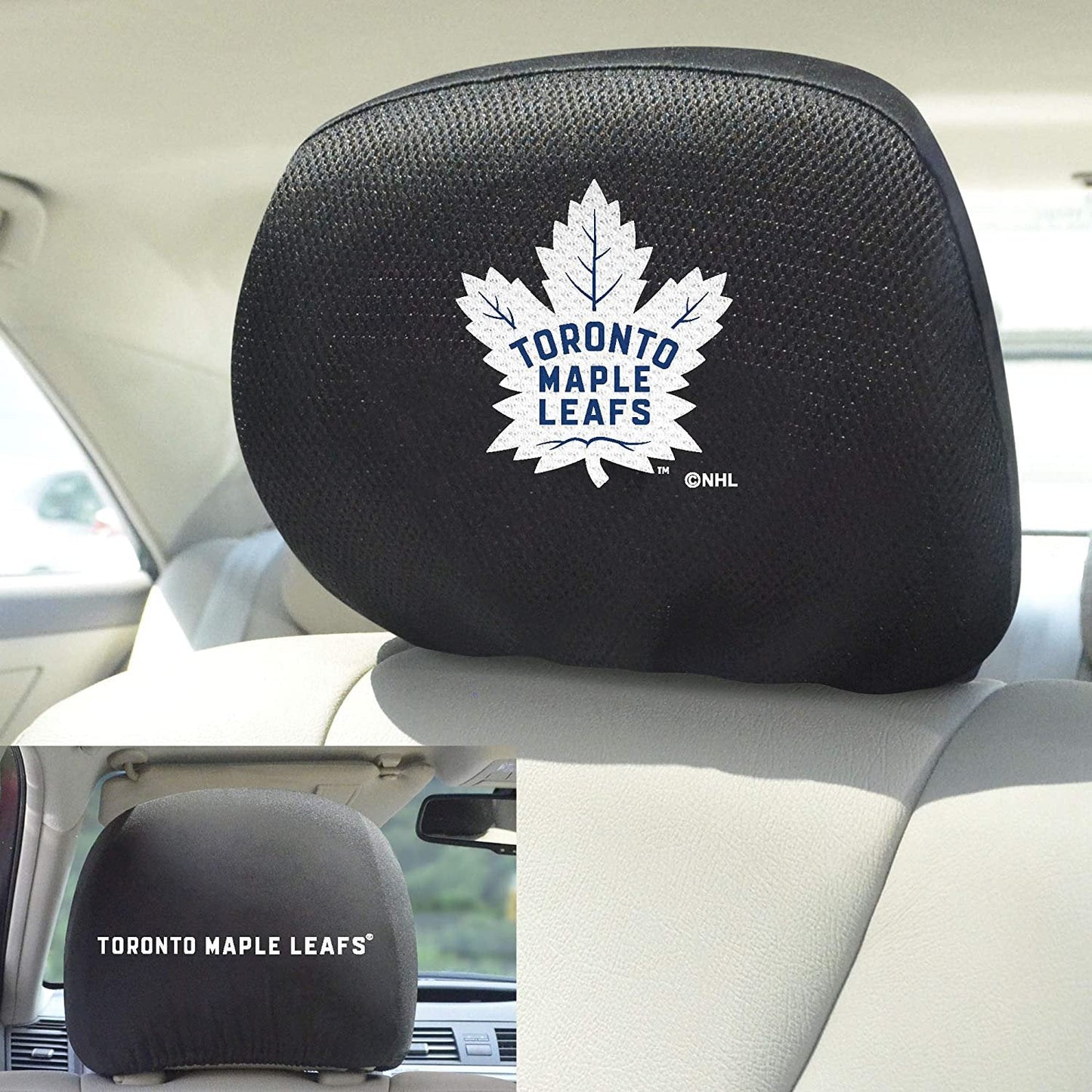 Toronto Maple Leafs Pair of Premium Auto Head Rest Covers, Embroidered, Black Elastic, 14x10 Inch