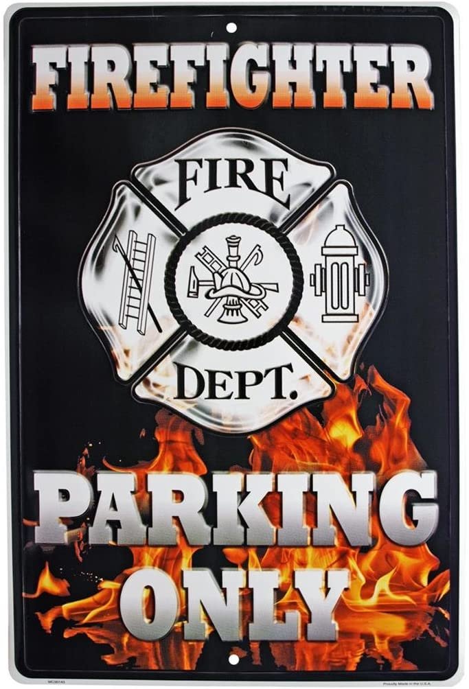 Firefighter Premium Metal Wall Parking Sign, 12x18 Inch, Great for Man Cave, Bed Room, Office, Home Decor