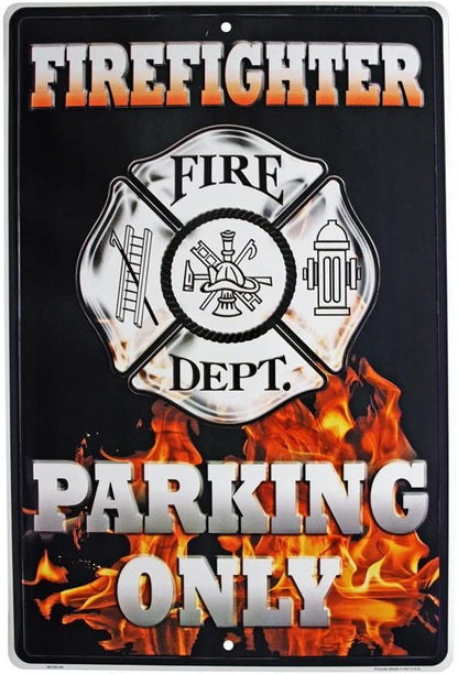 Firefighter Premium Metal Wall Parking Sign, 12x18 Inch, Great for Man Cave, Bed Room, Office, Home Decor