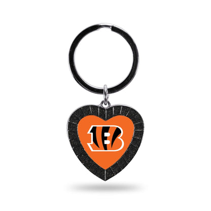 Cincinnati Bengals Metal Keychain, Team Color Rhinestone Heart, 3 Inches