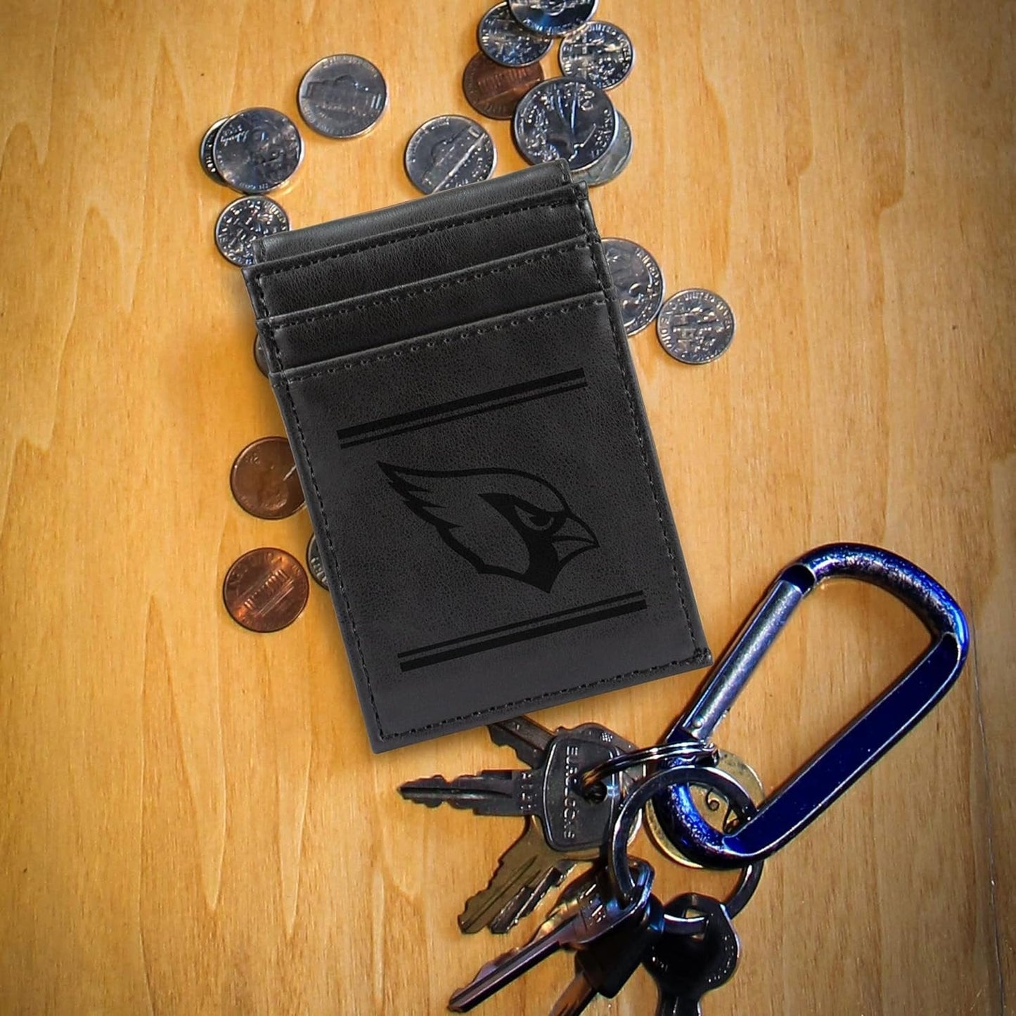 Arizona Cardinals Premium Black Leather Wallet, Front Pocket Magnetic Money Clip, Laser Engraved, Vegan