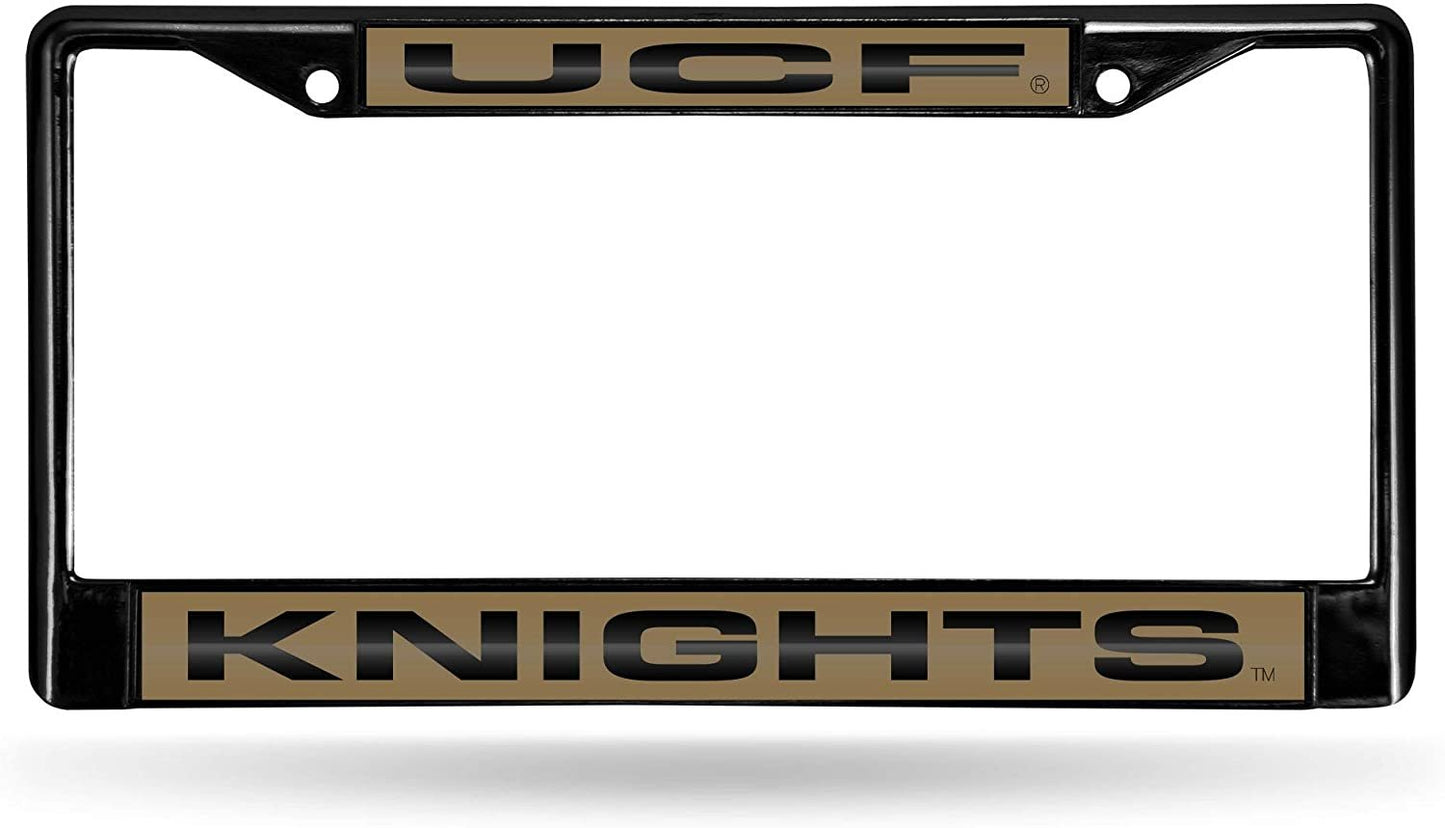 University of Central Florida Knights UCF Black Metal License Plate Frame Tag Cover, Laser Acrylic Mirrored Inserts, 12x6 Inch