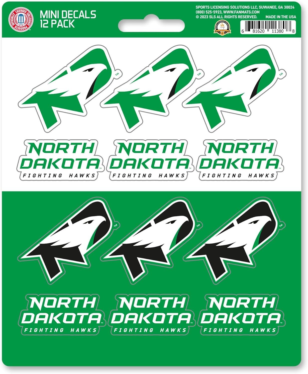 University of North Dakota Fighting Hawks 12-Piece Mini Decal Sticker Set, 5x6 Inch Sheet, Gift for football fans for any hard surfaces around home, automotive, personal items