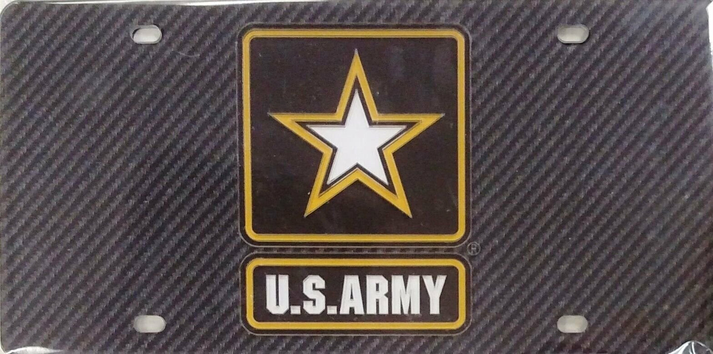 United States Army Military Premium Laser Cut Tag License Plate, Carbon Fiber Design, Mirrored Acrylic Inlaid, 12x6 Inch
