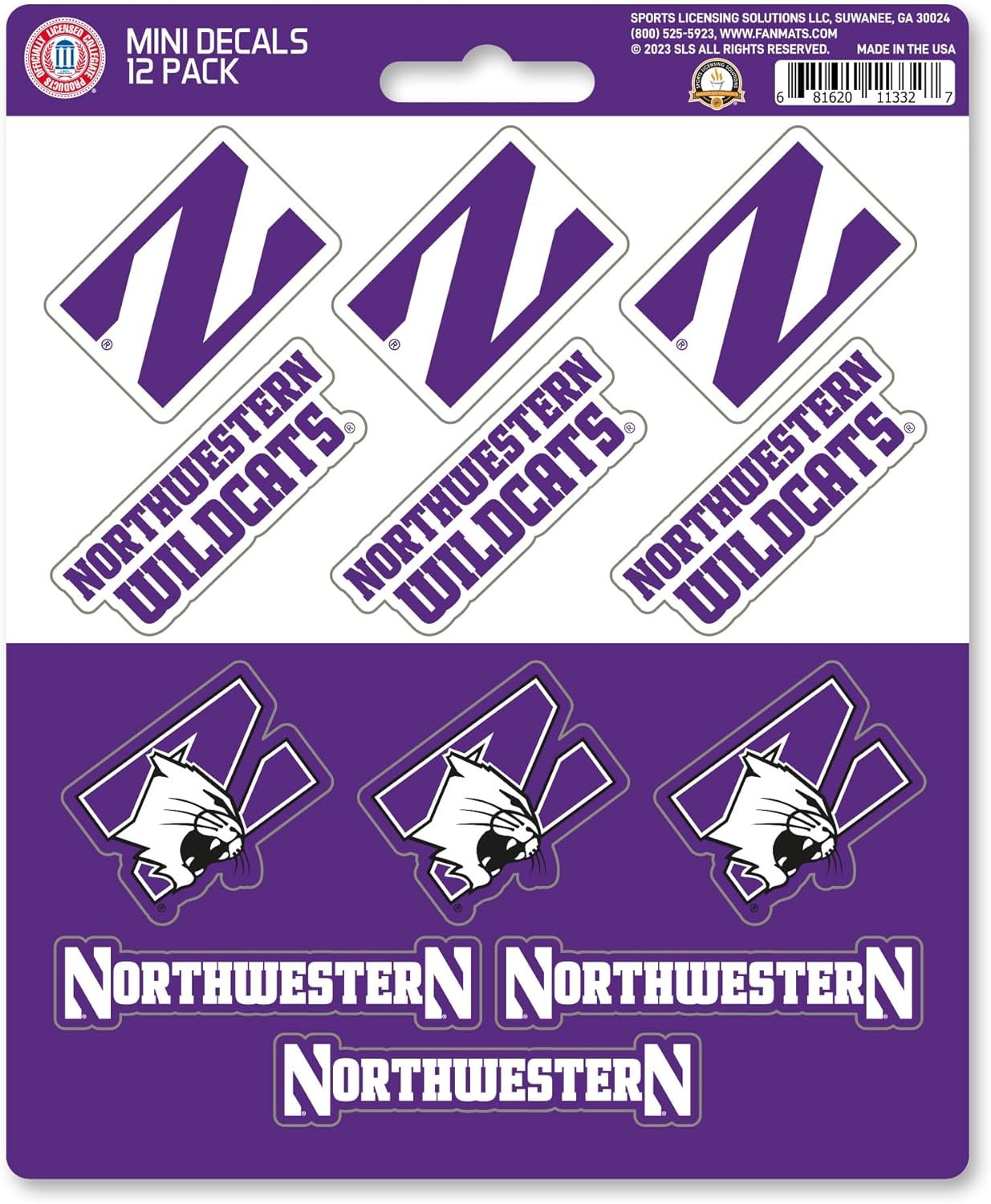 Northwestern University Wildcats 12-Piece Mini Decal Sticker Set, 5x6 Inch Sheet, Gift for football fans for any hard surfaces around home, automotive, personal items