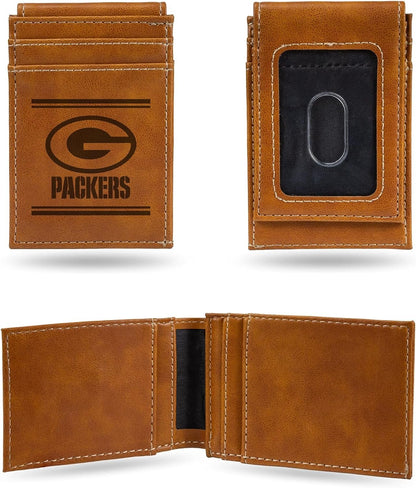 Green Bay Packers Premium Brown Leather Wallet, Front Pocket Magnetic Money Clip, Laser Engraved, Vegan