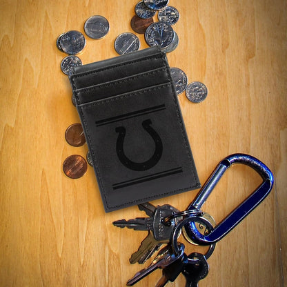 Indianapolis Colts Premium Black Leather Wallet, Front Pocket Magnetic Money Clip, Laser Engraved, Vegan
