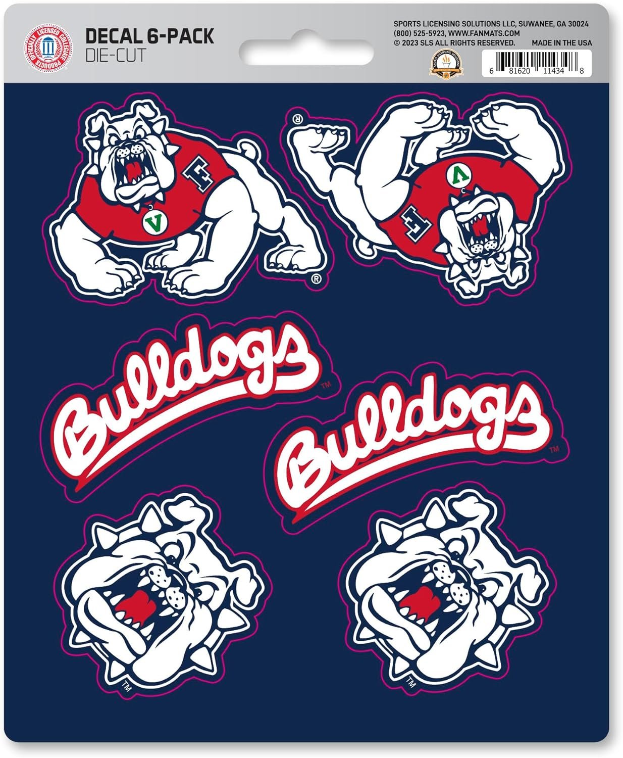 Fresno State Bulldogs 6-Piece Decal Sticker Set, 5x6 Inch Sheet, Gift for football fans for any hard surfaces around home, automotive, personal items