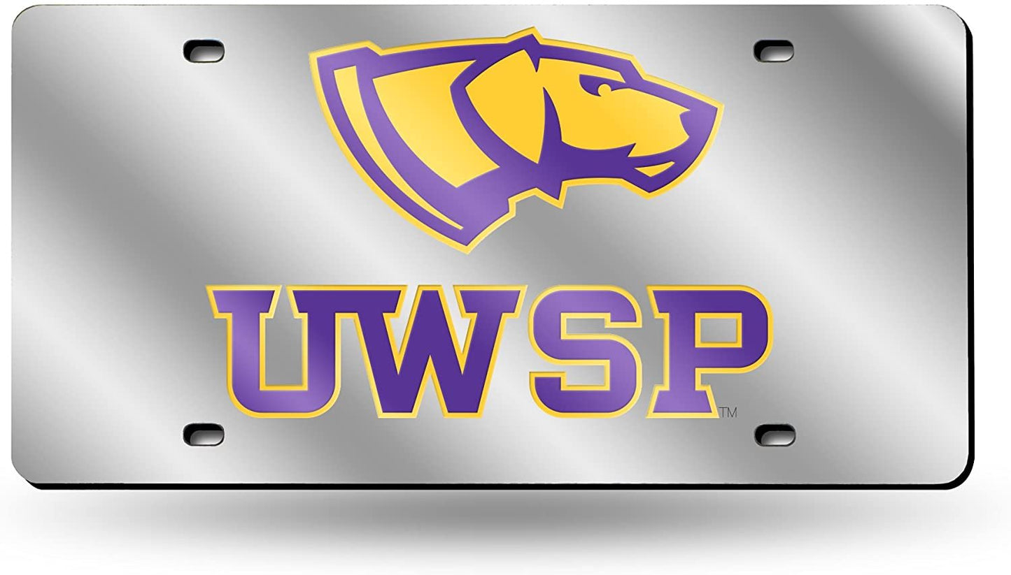 University of Wisconsin Stevens Point Pointers Laser Cut Tag License Plate, Mirrored Acrylic Inlaid, 12x6 Inch