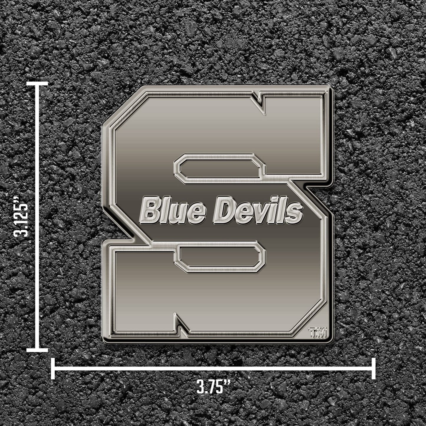 University of Wisconsin Stout Blue Devils Solid Metal Auto Emblem, Antique Nickel Finish, Raised, Die Cut, 3.5 Inch, Adhesive Tape Backing