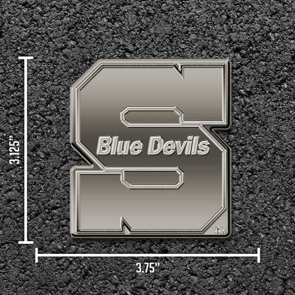 University of Wisconsin Stout Blue Devils Solid Metal Auto Emblem, Antique Nickel Finish, Raised, Die Cut, 3.5 Inch, Adhesive Tape Backing