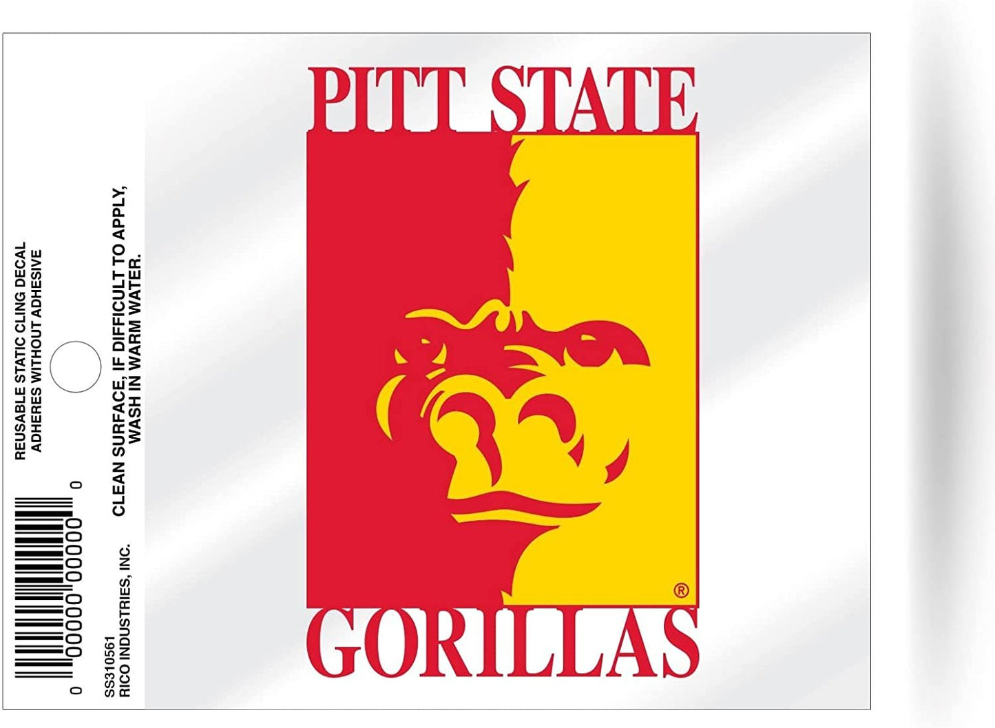 Pittsburg State University Gorillas 3 Inch Static Cling, Full Clear Adhesive Backing, Easy Peel and Stick Application, Removable and Reusable, Officially Licensed, Made in the USA
