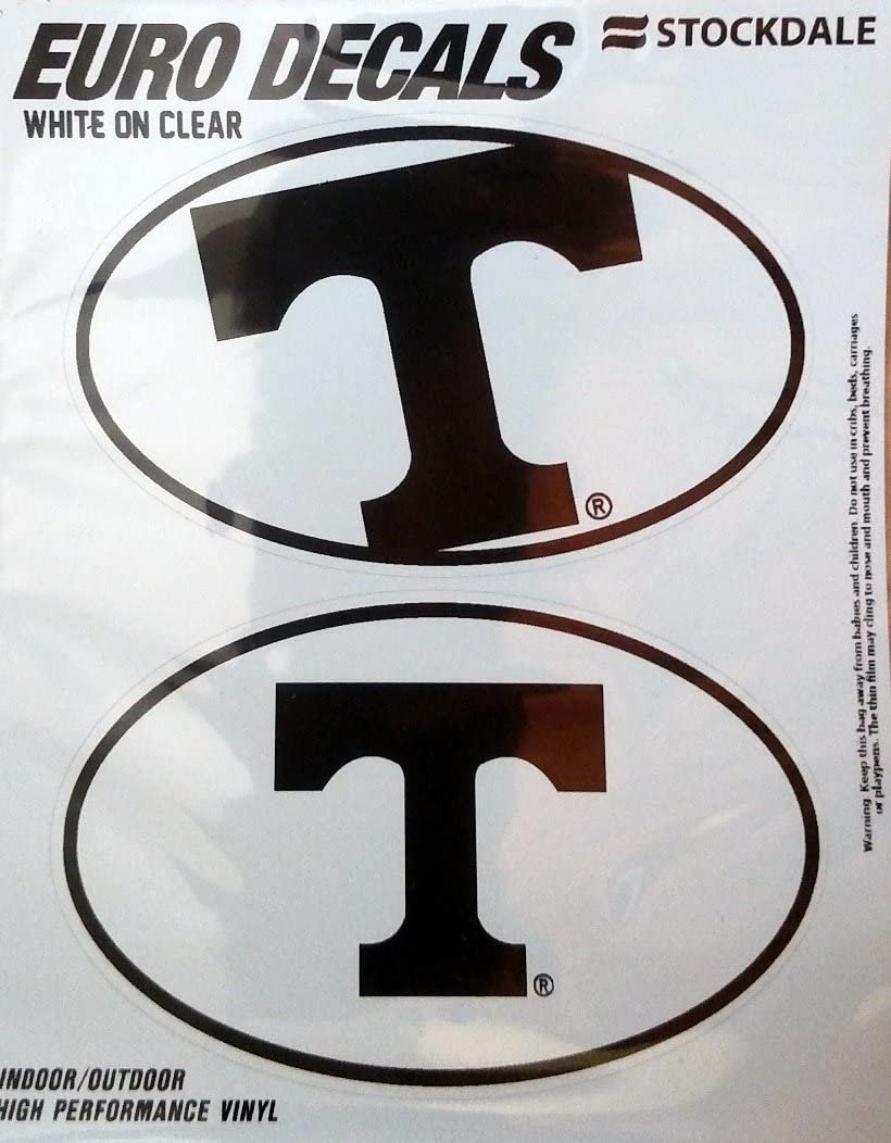 University of Tennessee Volunteers 2-Piece White and Clear Euro Decal Sticker Set, 4x2.5 Inch Each
