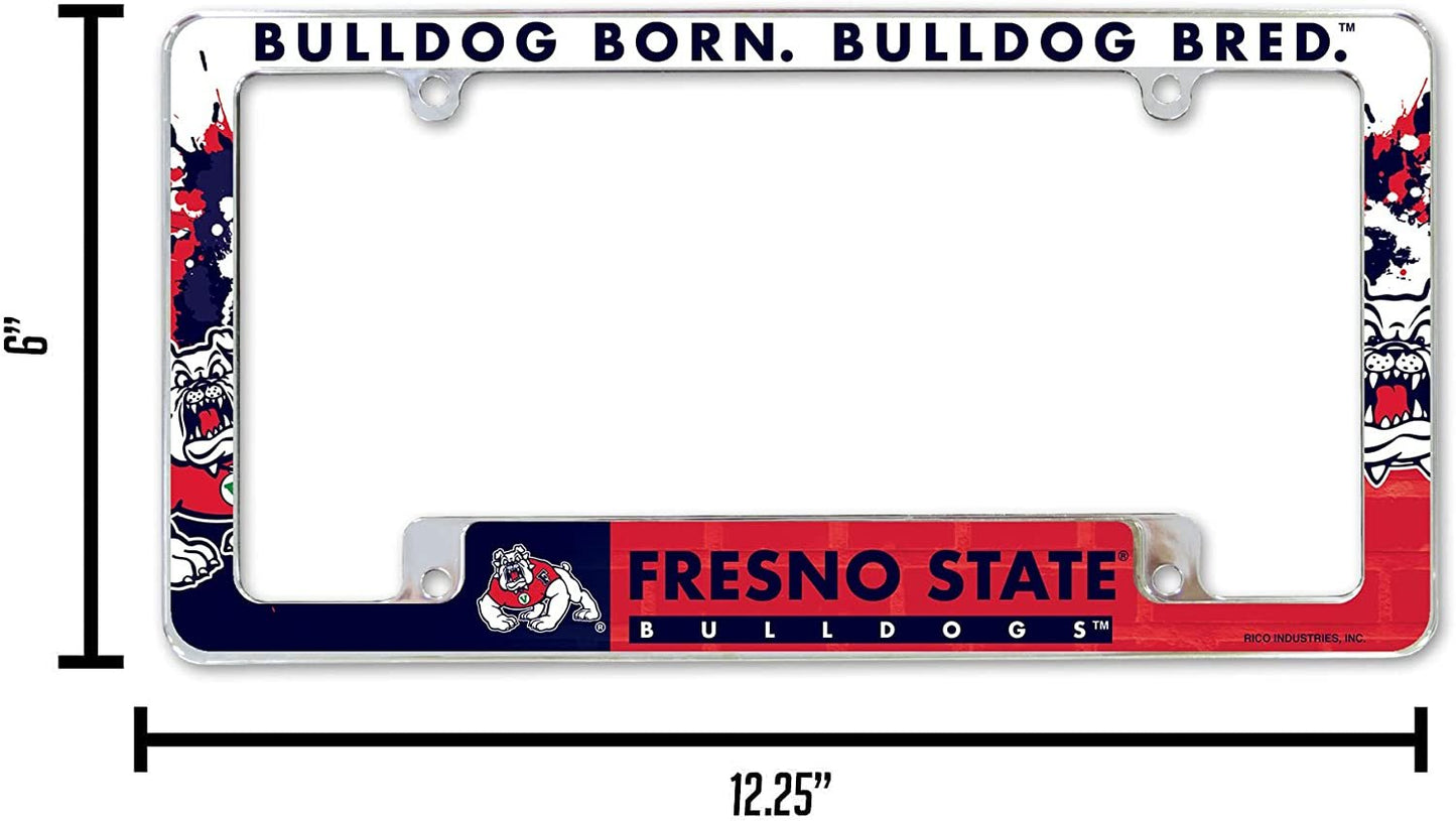 Fresno State University Bulldogs Metal License Plate Frame Chrome Tag Cover All Over Design 6x12 Inch
