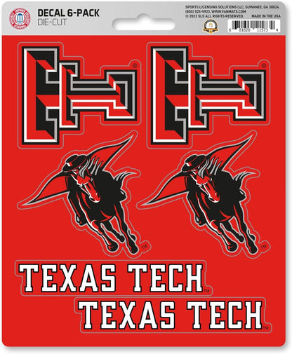 Texas Tech University Red Raiders 6-Piece Decal Sticker Set, 5x6 Inch Sheet, Gift for football fans for any hard surfaces around home, automotive, personal items