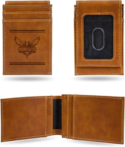 Charlotte Hornets Premium Brown Leather Wallet, Front Pocket Magnetic Money Clip, Laser Engraved, Vegan
