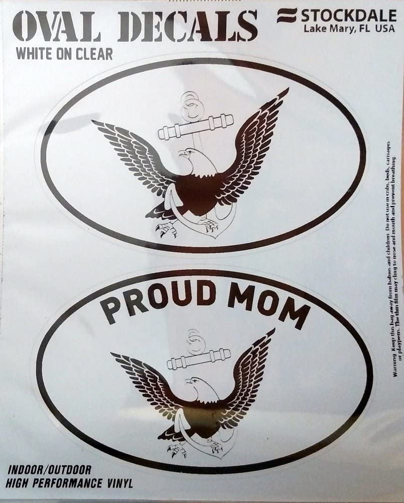 U.S. Navy, Proud Mom, 2-Piece White and Clear Euro Decal Sticker Set, 4x2.5 Inch Each, United States Military