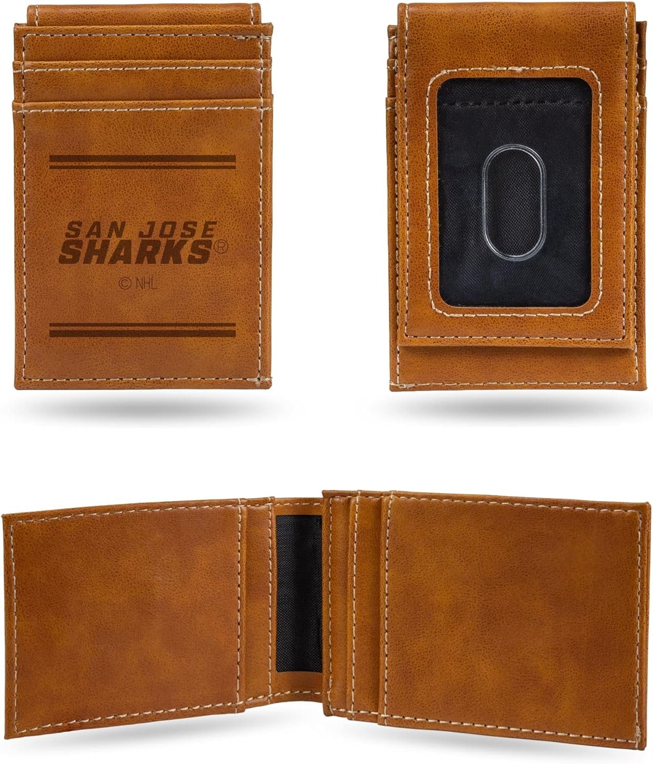 San Jose Sharks Premium Brown Leather Wallet, Front Pocket Magnetic Money Clip, Laser Engraved, Vegan