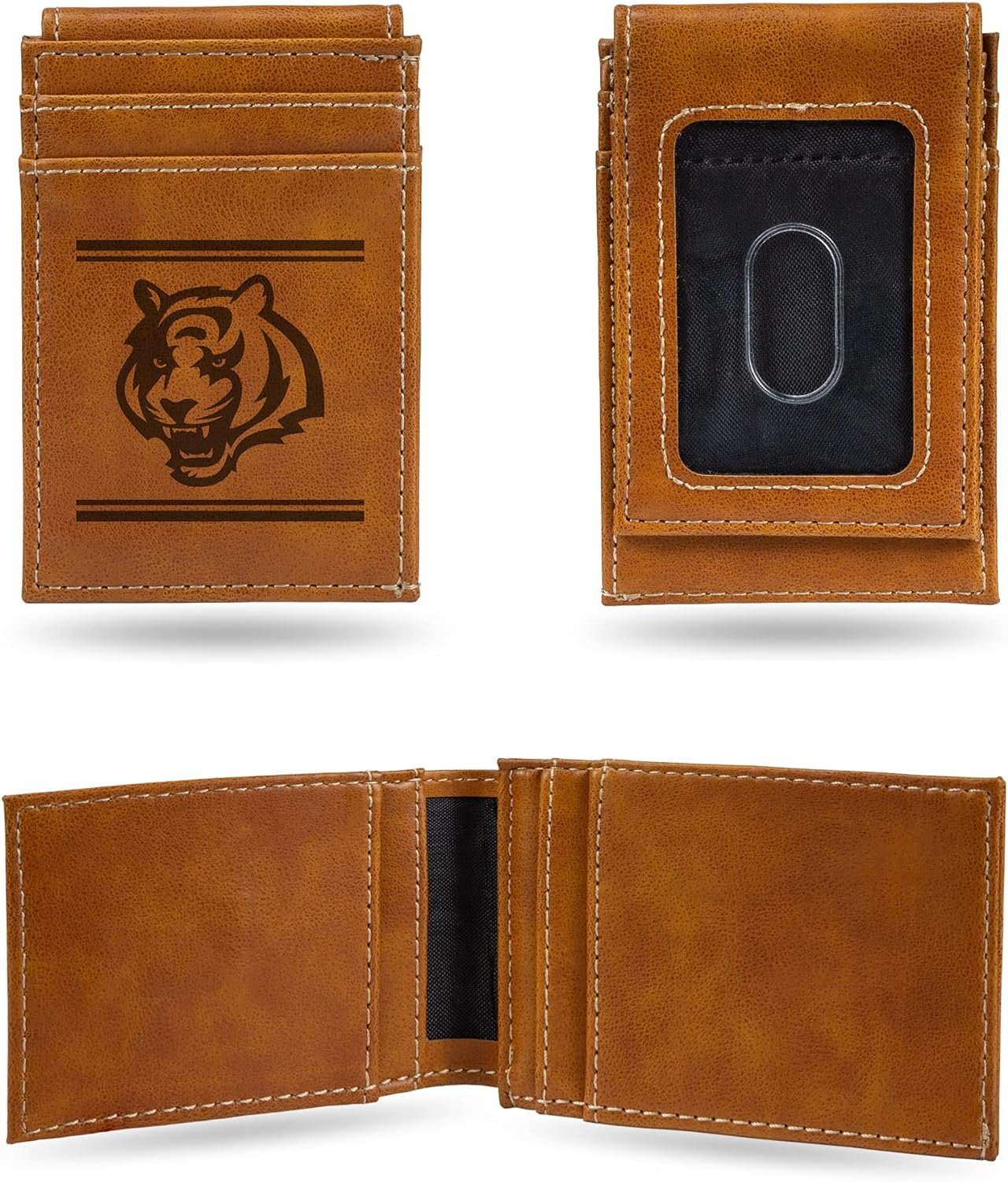 Cincinnati Bengals Premium Brown Leather Wallet, Front Pocket Magnetic Money Clip, Laser Engraved, Vegan