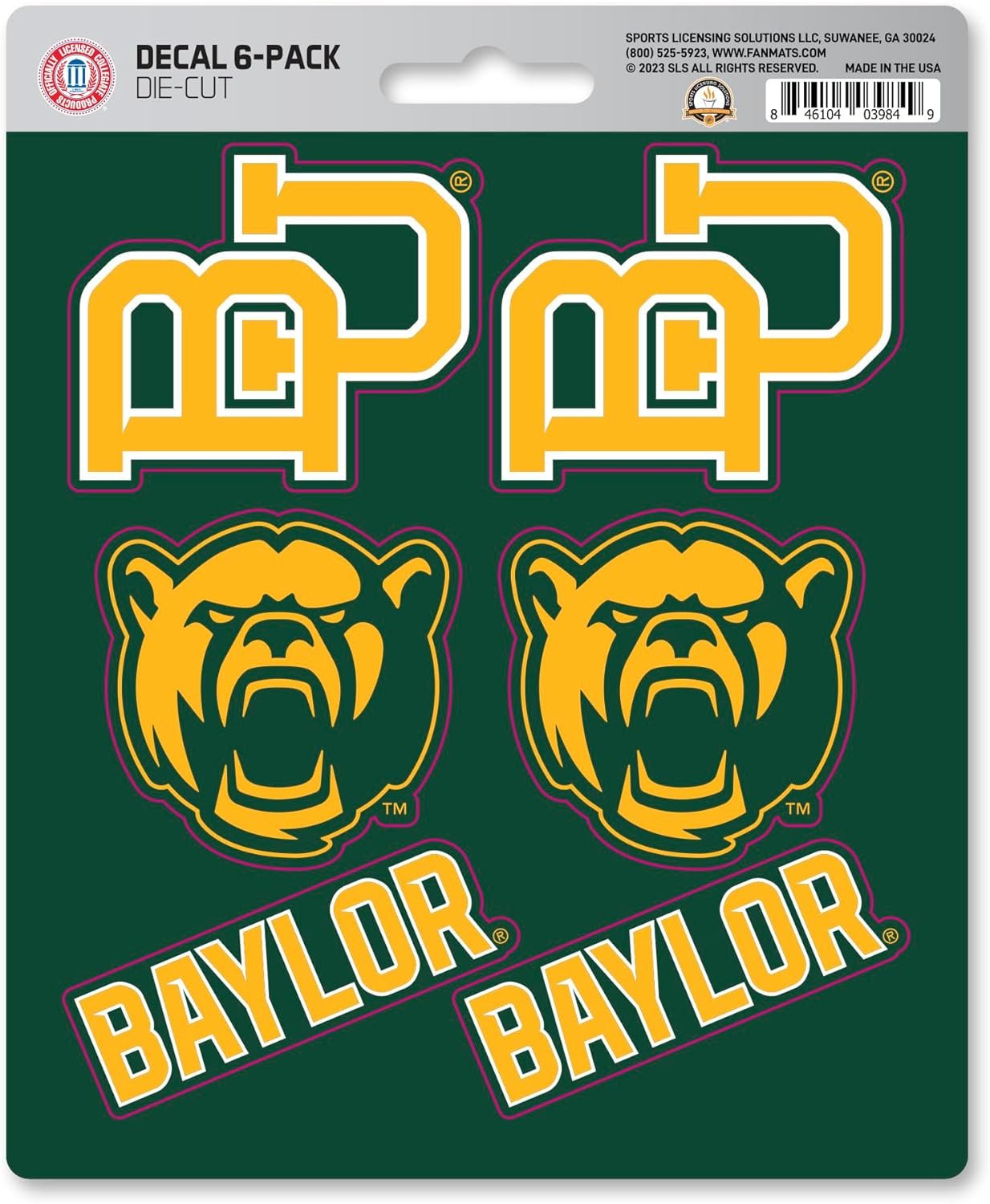 Baylor University Bears 6-Piece Decal Sticker Set, 5x6 Inch Sheet, Gift for football fans for any hard surfaces around home, automotive, personal items