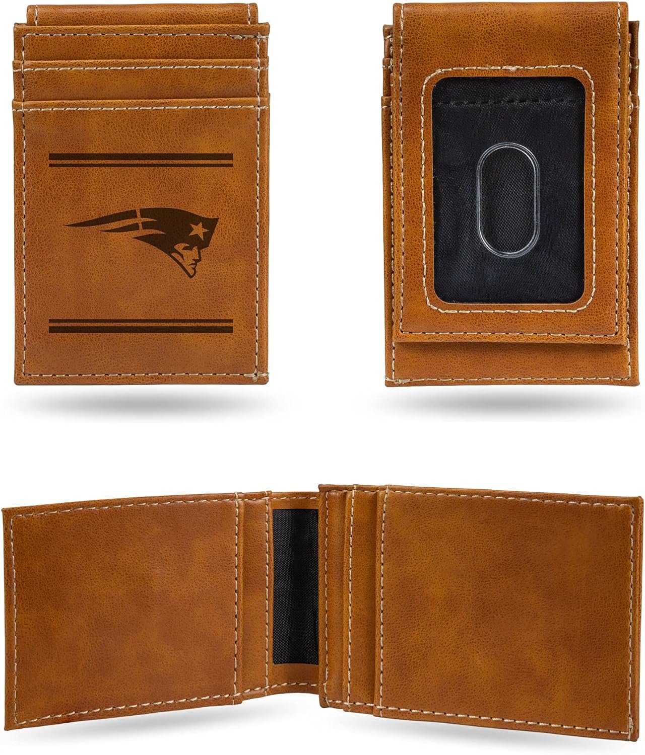 New England Patriots Premium Brown Leather Wallet, Front Pocket Magnetic Money Clip, Laser Engraved, Vegan