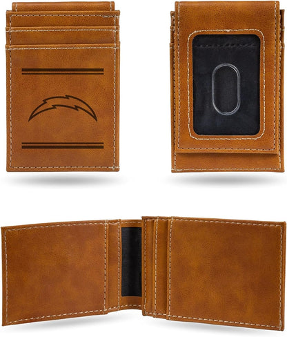 Los Angeles Chargers Premium Brown Leather Wallet, Front Pocket Magnetic Money Clip, Laser Engraved, Vegan