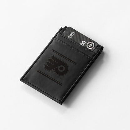 Philadelphia Flyers Premium Black Leather Wallet, Front Pocket Magnetic Money Clip, Laser Engraved, Vegan