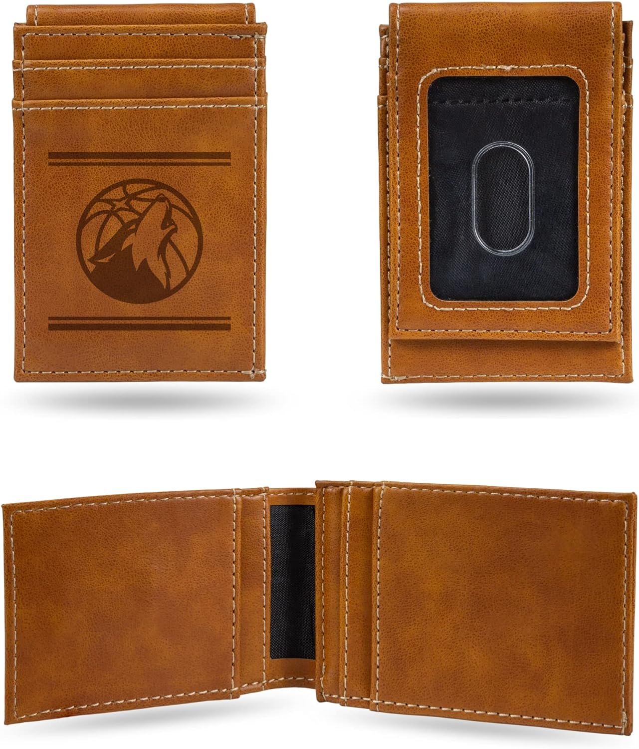 Minnesota Timberwolves Premium Brown Leather Wallet, Front Pocket Magnetic Money Clip, Laser Engraved, Vegan