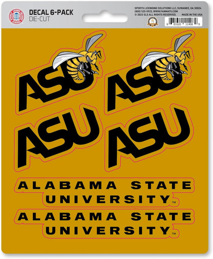 Alabama State University Hornets 6-Piece Decal Sticker Set, 5x6 Inch Sheet, Gift for football fans for any hard surfaces around home, automotive, personal items
