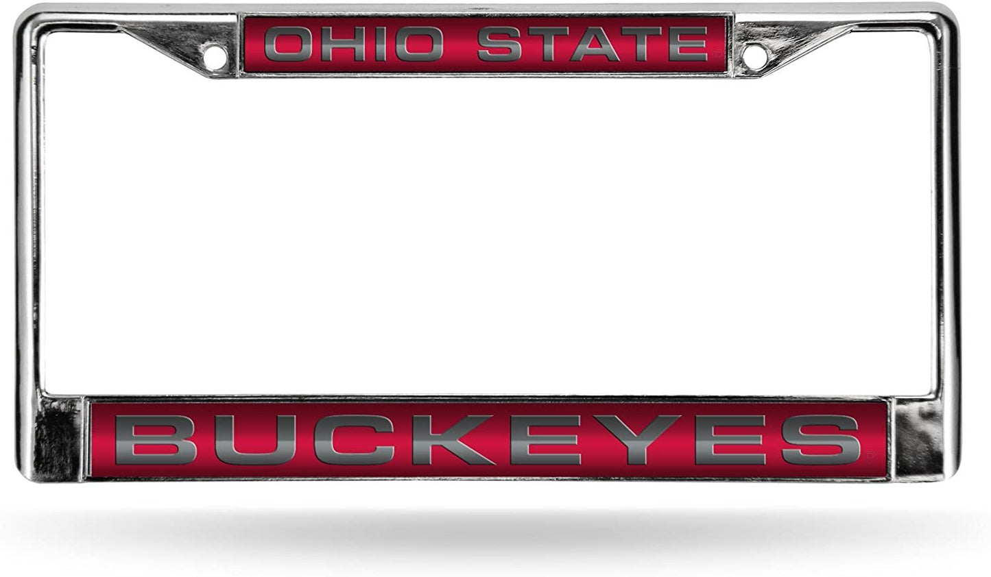 Ohio State University Buckeyes Chrome Metal License Plate Frame Tag Cover, Laser Acrylic Mirrored Inserts, 12x6 Inch
