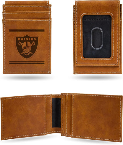 Las Vegas Raiders Premium Brown Leather Wallet, Front Pocket Magnetic Money Clip, Laser Engraved, Vegan