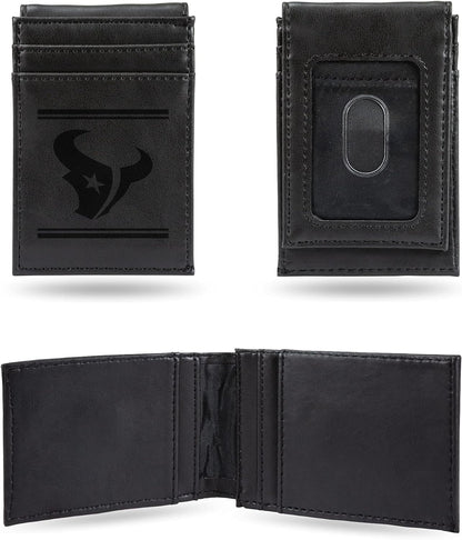 Houston Texans Premium Black Leather Wallet, Front Pocket Magnetic Money Clip, Laser Engraved, Vegan