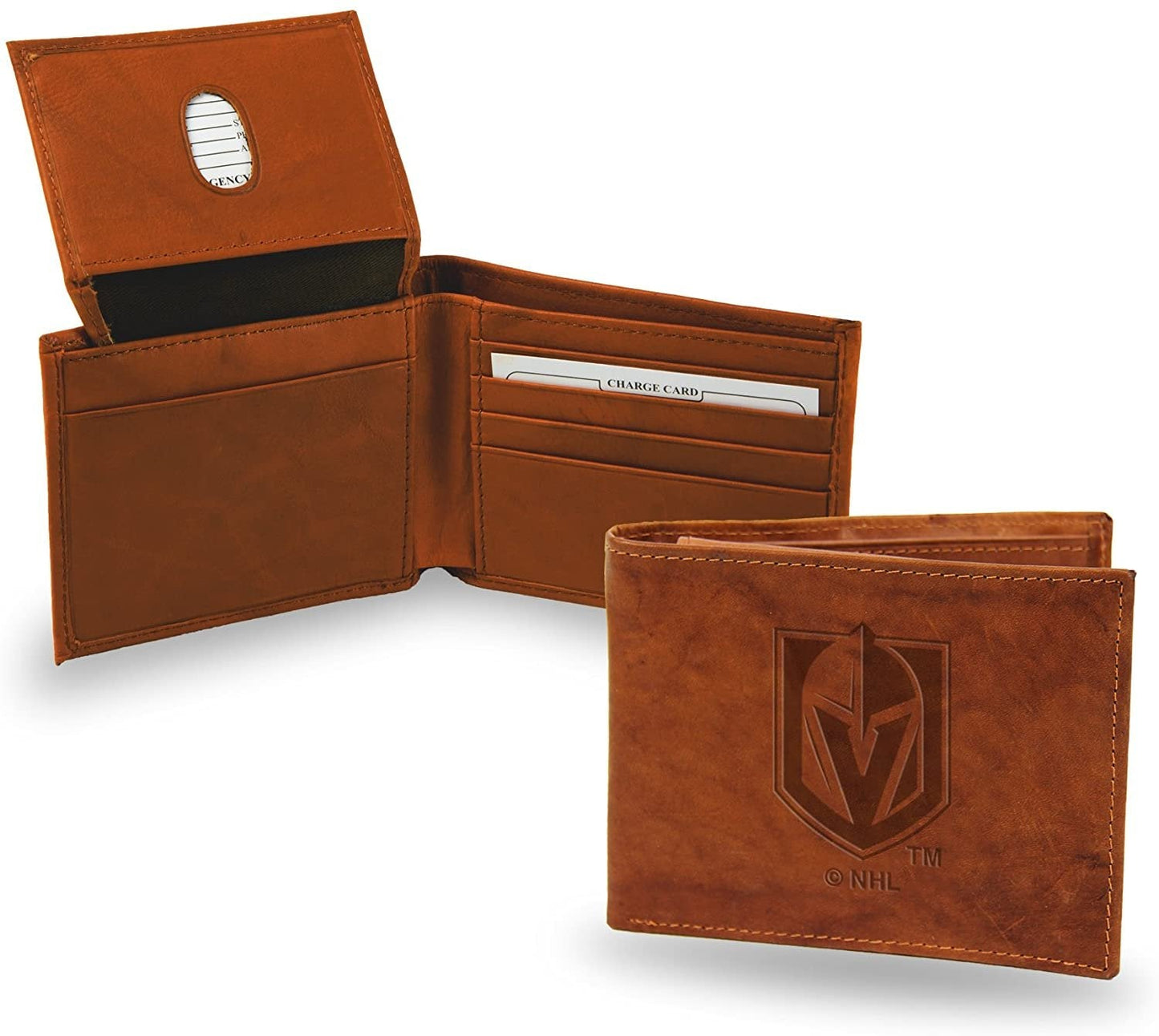 Vegas Golden Knights Premium Brown Leather Wallet, Bifold Billfold, Embossed Laser Engraved