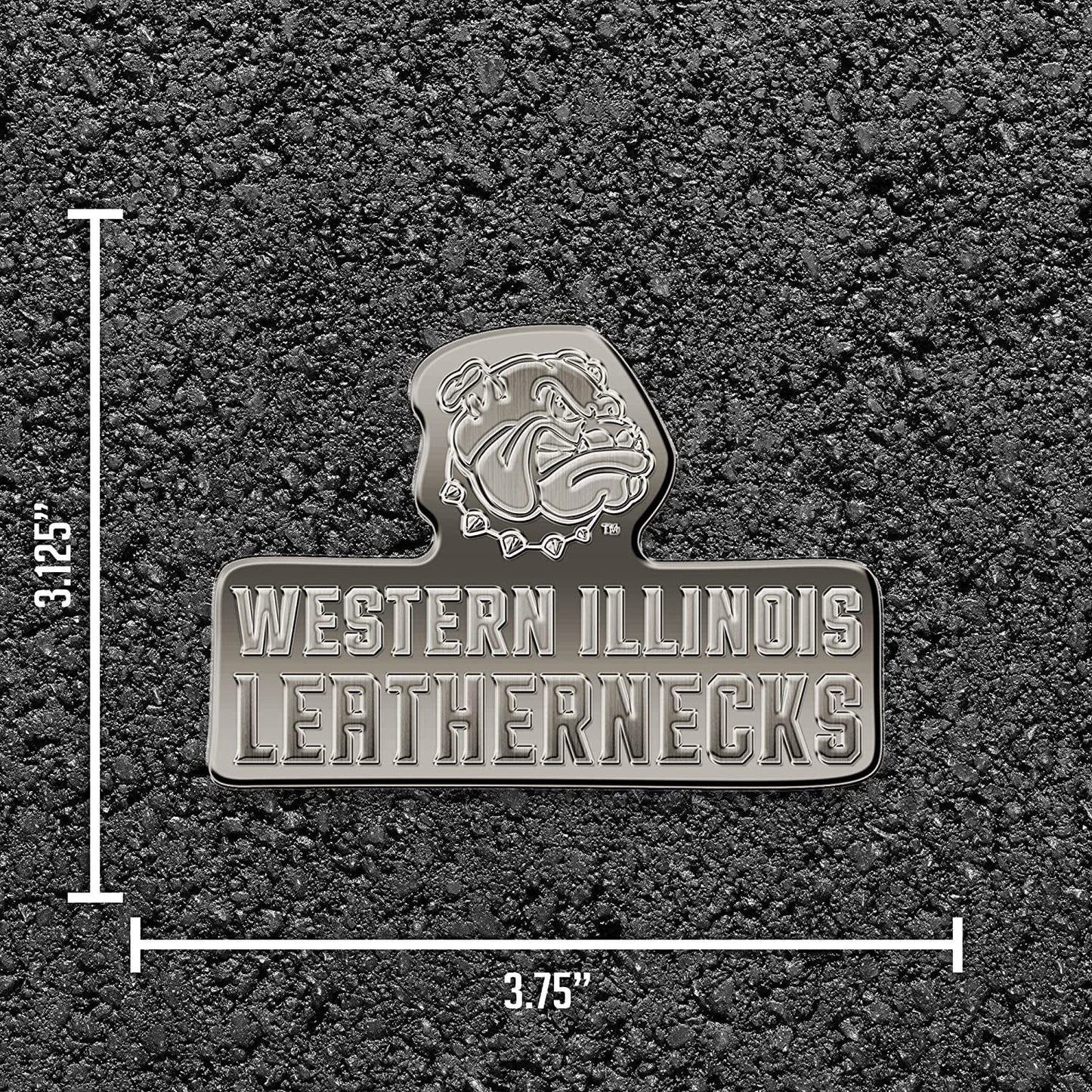 Western Illinois University Leathernecks Solid Metal Auto Emblem, Antique Nickel Finish, Raised, Die Cut, 3.5 Inch, Adhesive Tape Backing