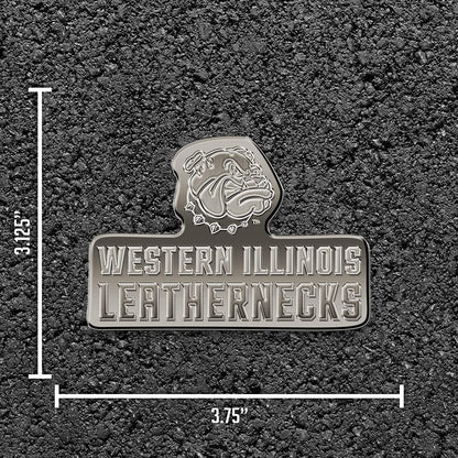 Western Illinois University Leathernecks Solid Metal Auto Emblem, Antique Nickel Finish, Raised, Die Cut, 3.5 Inch, Adhesive Tape Backing