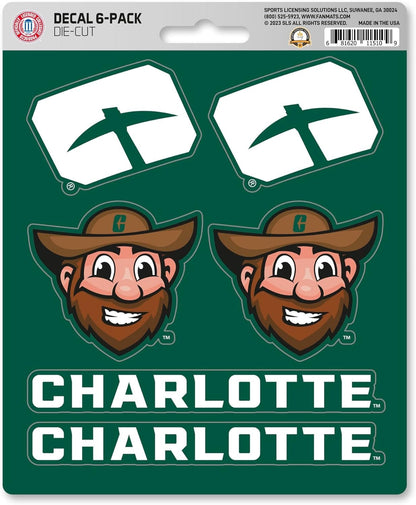 University of North Carolina UNC Charlotte 49ers 6-Piece Decal Sticker Set, 5x6 Inch Sheet, Gift for football fans for any hard surfaces around home, automotive, personal items