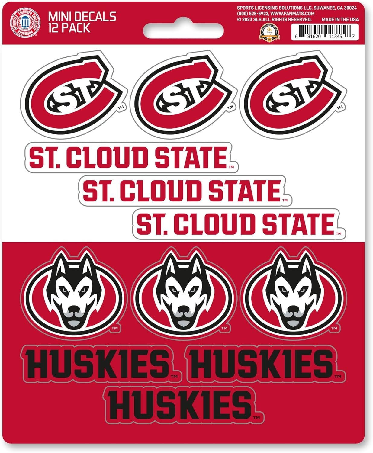 St Cloud State University Huskies 12-Piece Mini Decal Sticker Set, 5x6 Inch Sheet, Gift for football fans for any hard surfaces around home, automotive, personal items